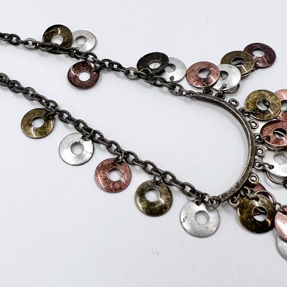 BOHO Vibes Tri-Colored Disk Dangle Brass Tone 14” Chain Choker Necklace - Picture 7 of 8